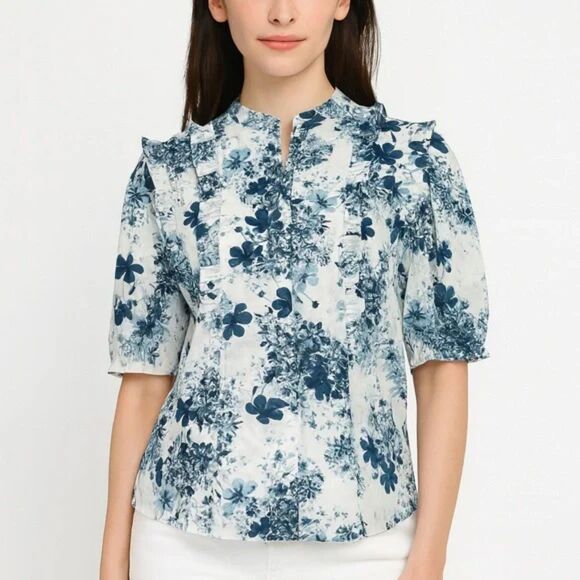 Universal Standard x Erdem Kalina Shirt Floral Ruffle Button Women’s XS Blue - Picture 1 of 12